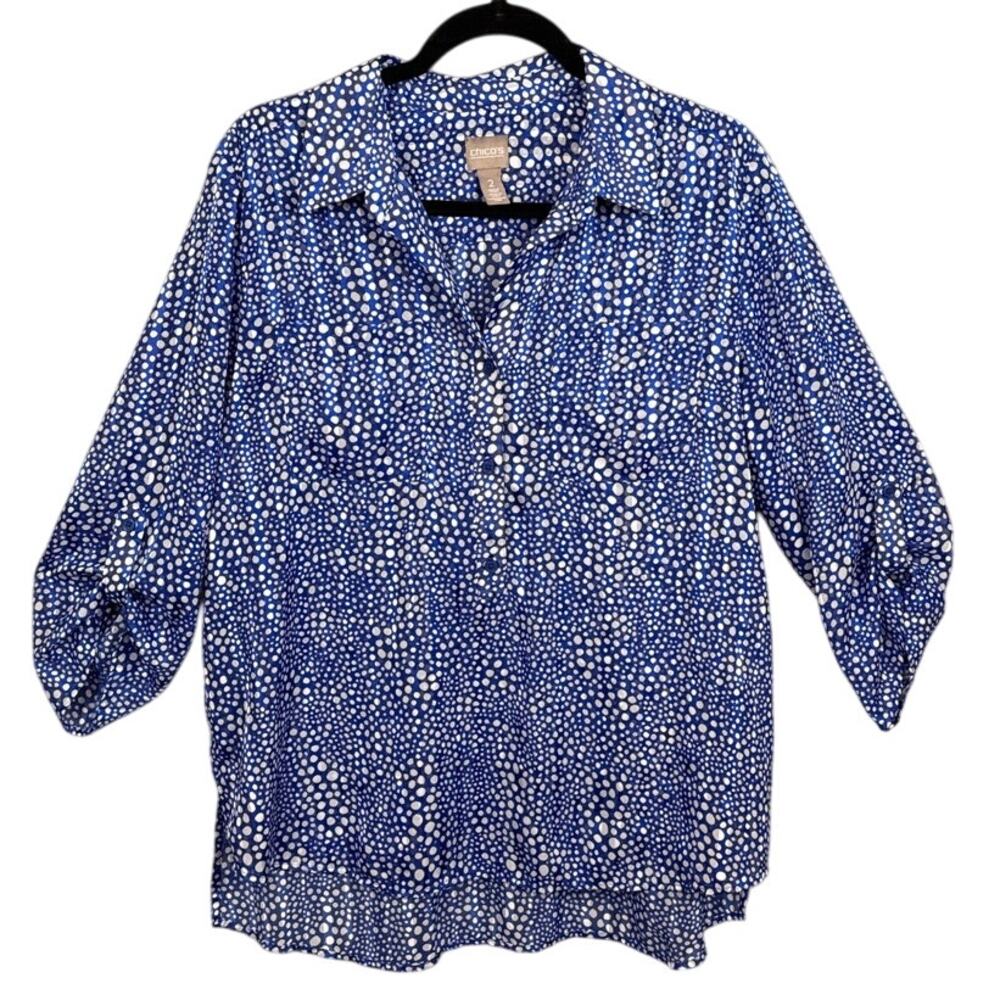 Chico's Satin Pullover Blouse Blue Abstract Dots Size 2 US L Normcore Officecore